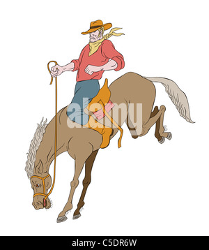 Illustration des Rodeo Cowboy Reiten unruhiges Pferd Wildpferd auf isolierten weißen Hintergrund Cartoon-Stil Stockfoto