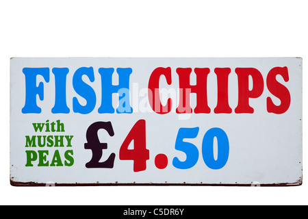 Fish And Chips mit Erbsenpüree unterzeichnen, Brighton Waterfront, East Sussex, England, Vereinigtes Königreich Stockfoto