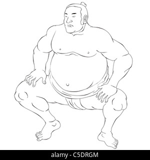 Beispiel für eine japanische Sumo-Ringer getan im schwarzen und weißen Cartoon-Stil auf isoliert auf weißem Hintergrund Stockfoto