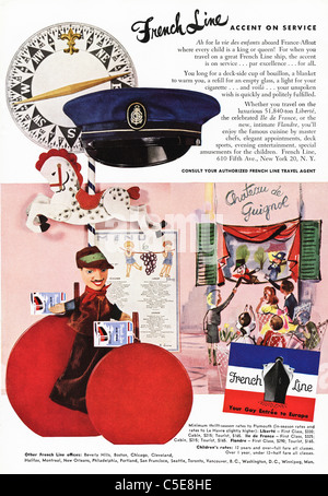 Original 1950er-Jahre-Anzeige in der amerikanischen Zeitschrift Werbung französische Linie Schiffe Stockfoto