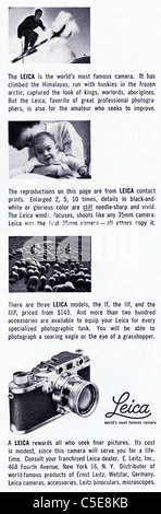 Original 1950er Jahre Anzeige in amerikanischen Zeitschriftenwerbung LEICA Filmkameras Stockfoto