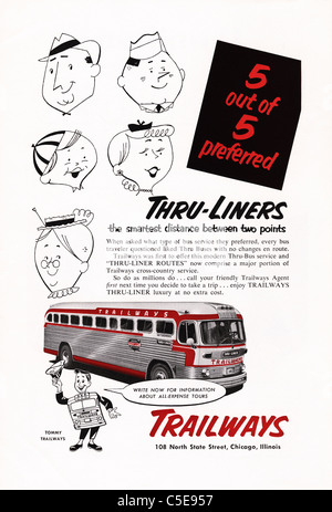 Original 1950er Jahre Anzeige im amerikanischen Magazin Werbung TRAILWAYS Bus-service Stockfoto