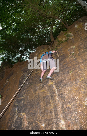 Klettern mit Seilen an Symonds Yat in Wye Valley, Wald des Dekans, Gloucestershire, Großbritannien Stockfoto