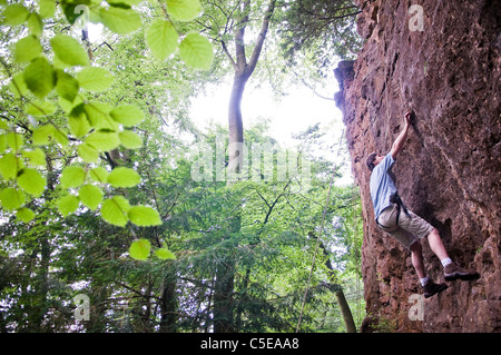 Klettern mit Seilen an Symonds Yat in Wye Valley, Wald des Dekans, Gloucestershire, Großbritannien Stockfoto