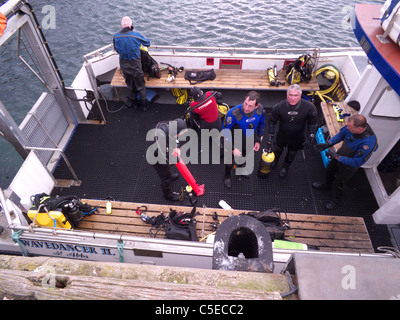 Hafen von St. Abbs, Berwickshire. Schottland. Taucher bereit ihre Tauchausrüstung zu heben Sie aus der "Wavedancer II Tauchboot Stockfoto