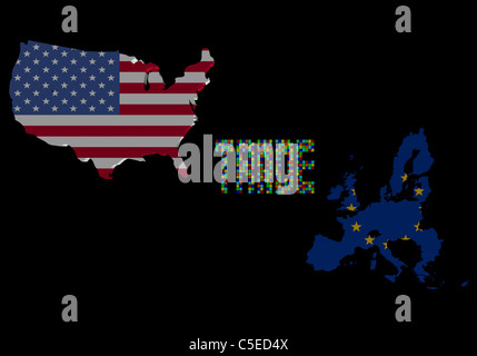 Handel-Text mit USA und EU Karte Flaggen illustration Stockfoto