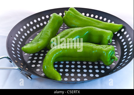 Grüne Chilischoten sind groß, milde Chilis sind in den meisten lokalen Lebensmittelgeschäften erhältlich. Stockfoto