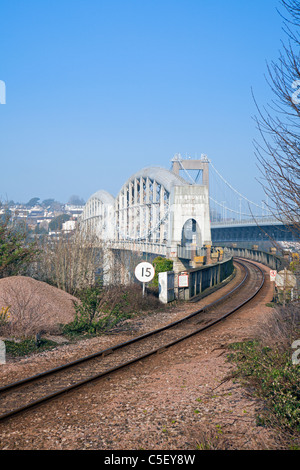 Royal Albert Railway Bridge über den Tamar River nach Cornwall, Plymouth, Devon, England, Großbritannien Stockfoto