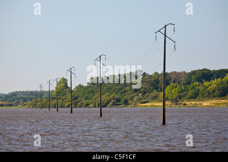 Eine Hochspannungsleitung Überquerung der Orx national Nature Reserve (Frankreich). Ligne à haute tension traversant la Réserve d'Orx. Stockfoto