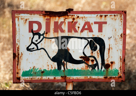 Schild Achtung Dikkat Kuh Türkei Bauer Feld-Hof Stockfoto