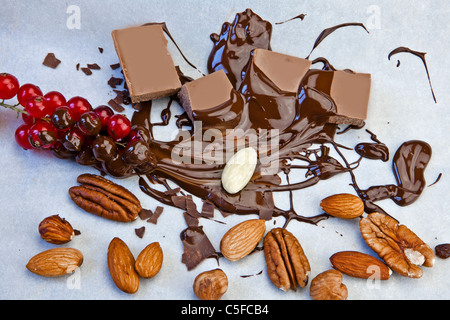 glatte Schokoladenstücke mit Schokoladensauce und Nüssen und roten Johannisbeeren Stockfoto