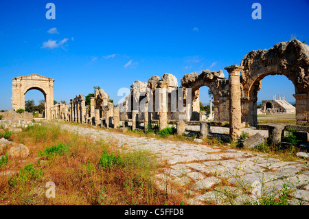 Säulenstraße und der römischen Triumphbogen, Al Bass Website, Reifen (sauer), UNESCO-Weltkulturerbe. Libanon. Stockfoto