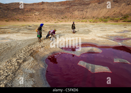 Meru Menschen sammeln Soda in Magado Krater Nyambeni Gebirge, Kenia Stockfoto