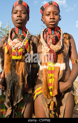 Porträt von Hamer Stammesfrauen in einem Dorf in der Nähe von Turmi am unteren Omo-Tal, Südliches Äthiopien, Afrika. Stockfoto