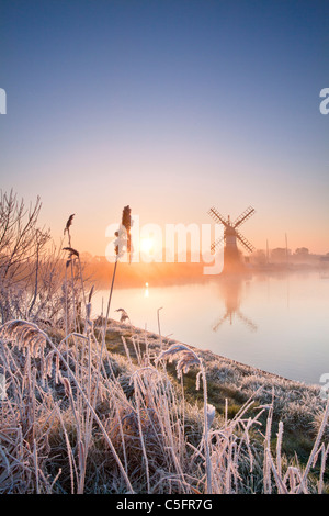 Thurne Windmühle bei Sonnenaufgang an einem Winter-Morgen nach einer Nacht Raureif auf den Norfolk Broads Stockfoto