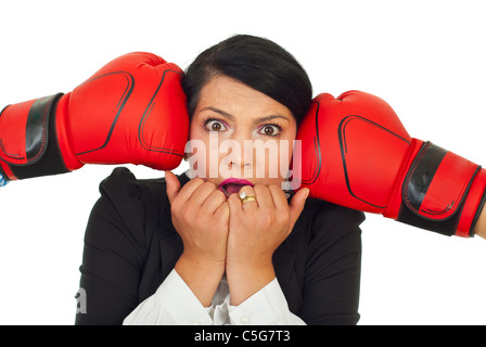 Gestresste Geschäftsfrau unter Druck isoliert auf weißem Hintergrund Stockfoto