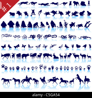 Reihe von verschiedenen Tieren, Vögel, Insekten und Fische Vector Silhouetten Stockfoto