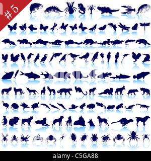 Reihe von verschiedenen Tieren, Vögel, Insekten und Fische Vector Silhouetten Stockfoto
