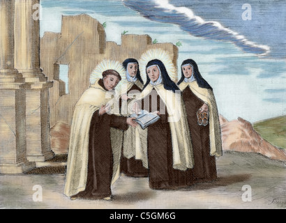 Die heilige Teresa von Ávila und Johannes vom Kreuz. Sie gründeten die Unbeschuhten Karmeliten. Farbige Gravur. Stockfoto