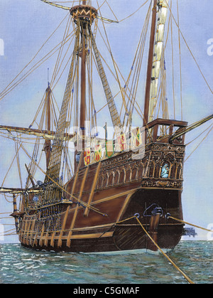 Nao Saint Mary von der Unbefleckten Empfängnis, von Christopher Columbus bei seiner ersten Reise verwendet. Kupferstich von Rico. Farbige. Stockfoto