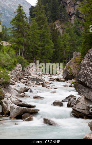 Kleine Kaskade fließt über Granitfelsen, Valsavarenche, Italienische Alpen Stockfoto