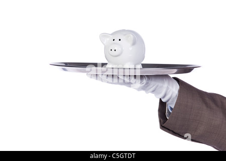 Geschäftsmann zeigt Ihnen eine Finanzierungslösung Stockfoto