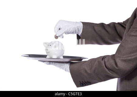 Geschäftsmann zeigt Ihnen eine Finanzierungslösung Stockfoto