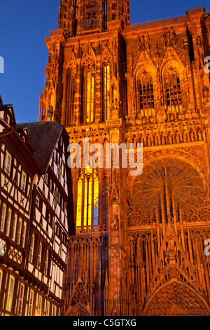 Die massive und wunderschön detaillierte Straßburger Münster in der Dämmerung, Frankreich Elsaß Bas-Rhin Stockfoto