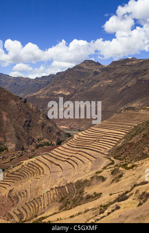 Inca landwirtschaftliche Terrassen an der Inka Ruinen über Pisac im Heiligen Tal, Péru, Anden, Altiplano, Südamerika Stockfoto