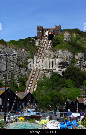 East Hill heben Standseilbahn und Teil der Fischereihafen, Hastings, East Sussex, England Stockfoto