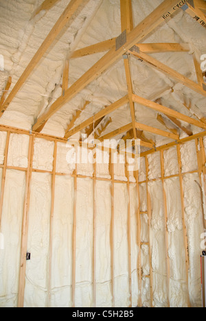 Ein Zimmer in einem neu errichteten Haus versprüht mit Flüssigkeit Isolierschaum, bevor die Trockenmauer hinzugefügt wird. Stockfoto