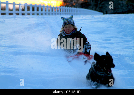 Junge, gezogen von seinem Hund auf einem Schlitten im Schnee Stockfoto