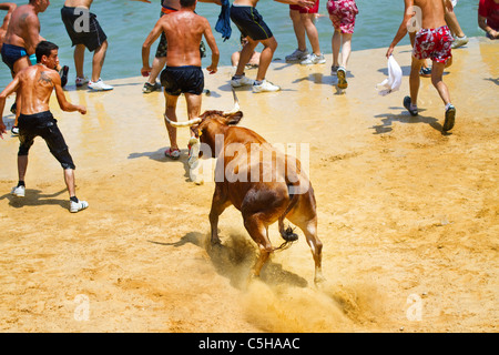 Junge spanische Feiernden am "Bous a la Mar" oder Bulls auf dem Sea Festival in Denia, Spanien 2011 Stockfoto