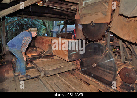 Ein Säge-Mühle-Arbeiter ist der erste Spatenstich das getrimmte Redwood-Protokoll an eine antike Sägewerk in Occidental Kalifornien Anfang Stockfoto