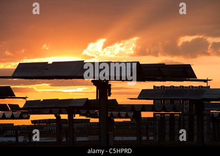 Photovoltaik-Module im Solucar solar Werk in Sanlucar la Mayor, Andalusien, Spanien. Stockfoto