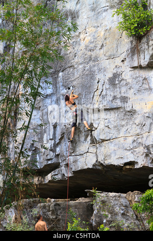 Kletterer navigieren Kalksteinwand auf Cat Ba Island in Ha Long Bay. Stockfoto