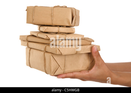 Zeit-Geschenke - Geschenk-box in der hand Mädchen auf weißem Hintergrund Stockfoto