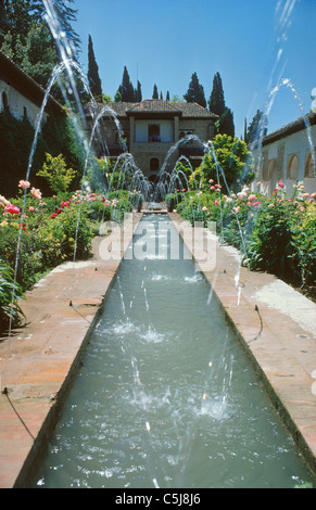 Der Wassergarten des Palacio de Generalife im frühen Morgenlicht, die Alhambra, Granada, Andalusien, Südspanien Stockfoto