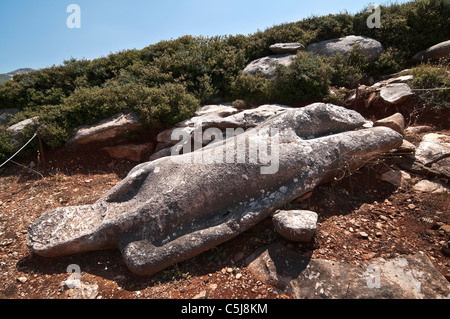 Der alte Kouros verlassen von seiner Macher aufgrund von Mängeln in den Stein an die antiken Marmor-Steinbrüche, Flerio, Naxos, Griechenland Stockfoto