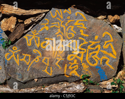 Mähne-steinerne mit der buddhistischen Friedensbotschaft "Om Mane Padme Hom" an der Seite einer Strecke in Ost-Nepal Stockfoto