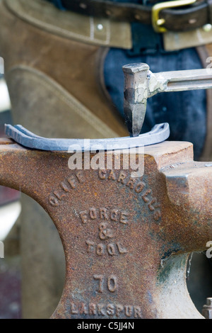 Eine qualifizierte Arbeit Hufschmied heiß beschlagen eines Pferdes Stockfoto