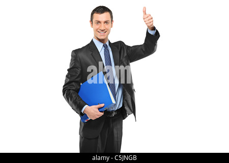 Glücklich Kaufmann holding ein Fascicule mit Dokumenten und Daumen aufgeben Stockfoto