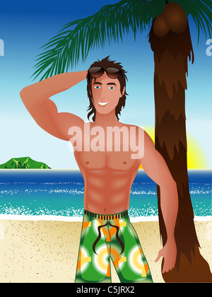 Vektor-Illustration eines sportlichen Strand Szene Guy mit Strand Hintergrund und Palm-Baum. Stockfoto