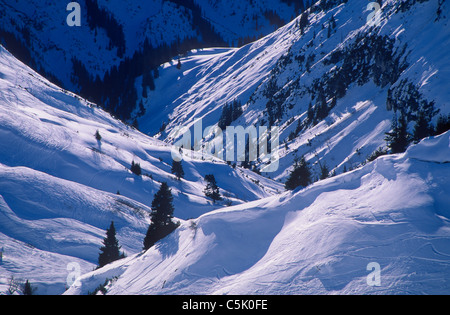 Verschneite Tal, Lech, Arlberg Berge, Österreich Stockfoto