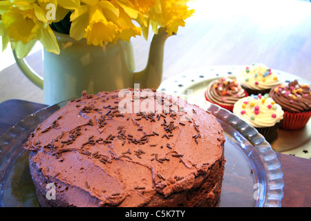 Schokoladenkuchen mit Tasse Kuchen und Teekanne mit Narzissen Stockfoto