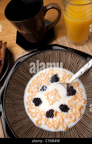 Die Wörter geschrieben TAX DAY aus Brief Getreide Formstücke schwebend in einem Milch gefüllte Müslischale. Stockfoto