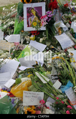 Schrein mit Blumen und Noten außerhalb der verstorbenen Sängerin Amy Winehouse Camden Haus in London, links von den Fans nach ihrem Tod Stockfoto