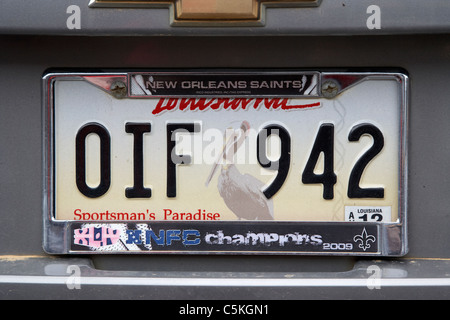 Louisiana Trainerleistungen Paradies Fahrzeug Nummernschild und New Orleans Saints NFC Meister umgeben Staat usa Stockfoto