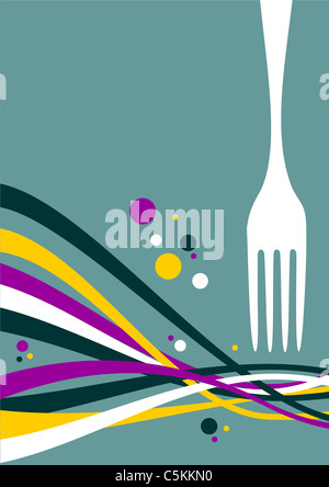 Gabel mit bunten Wellen auf hellblauem Hintergrund. Essen, Restaurant, Menü-Design mit Besteck und Wellen Hintergrund. Vektor zur Verfügung Stockfoto