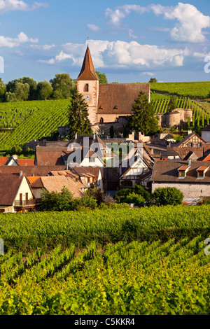 Am Abend Sonnenlicht über das mittelalterliche Dorf Hunawihr entlang der Weinstraße, Elsass Haut-Rhin-Frankreich Stockfoto